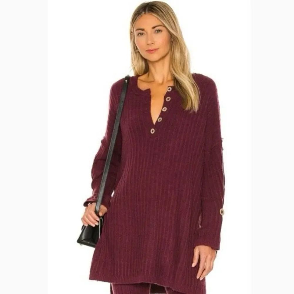 Free People Around the Clock Sweater Tunic Red Burgundy Henley Rib size XS